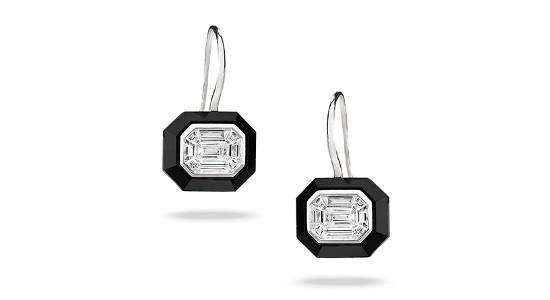 A pair of silver and black earrings featuring an octagonal silhouette and diamonds