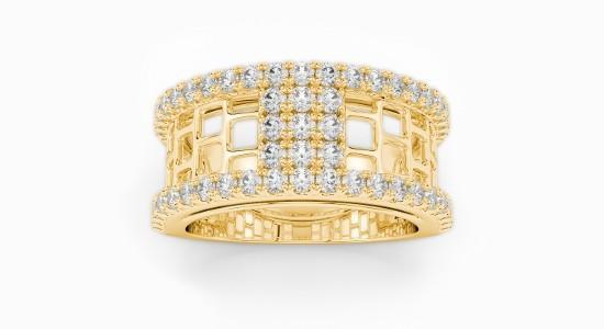A gold, thick-banded ring featuring an intricate geometric pattern and round cut diamonds