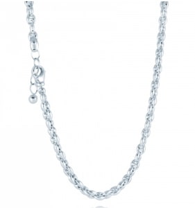 A sterling silver chain necklace features links that resemble coffee beans