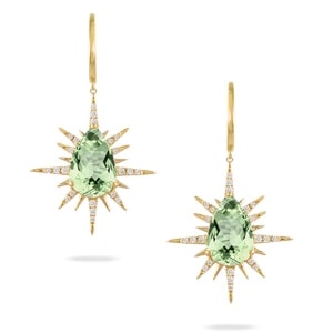 A pair of gold drop earrings feature green amethysts and diamonds