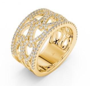 A detailed gold fashion ring features an array of round-cut diamonds