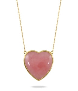 A heart necklace from Doves by Doron Paloma features a pink opal gem