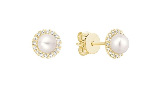 A pair of yellow gold stud earrings featuring pearls and a diamond halo