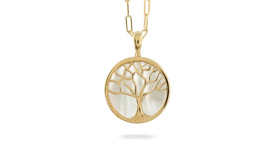 A yellow pendant necklace featuring a tree motif layered over mother of pearl