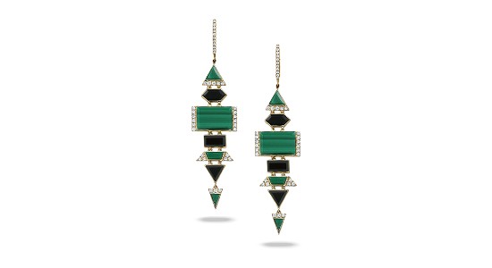 a pair of chandelier earrings featuring black onyx and green malachite