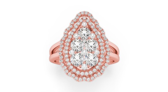 a rose gold fashion ring featuring a double diamond halo setting and multiple centre stones