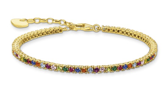 a yellow gold tennis bracelet featuring a number of coloured gems