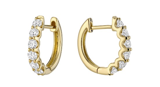 a yellow gold pair of hoop earrings prong set with round cut diamonds