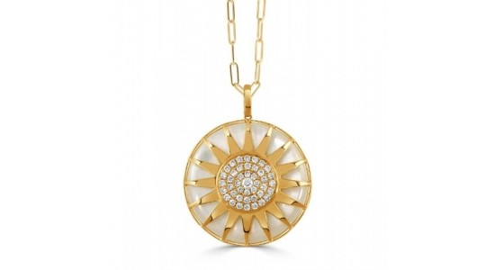 a yellow gold pendant necklace featuring a sunshine motif with diamond accents