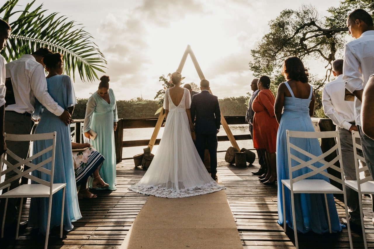 An elegant outdoor wedding on the water's edge.