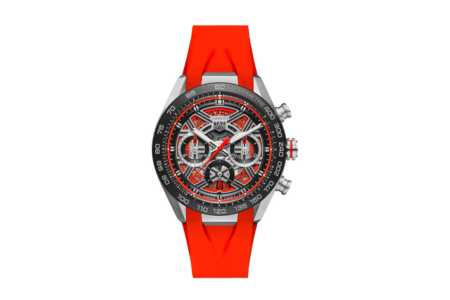 A vivid red TAG Heuer chronograph watch, available at Damiani Jewellers.