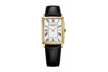 A classic Raymond Weil dress watch with a gold case, available at Damiani Jewellers.