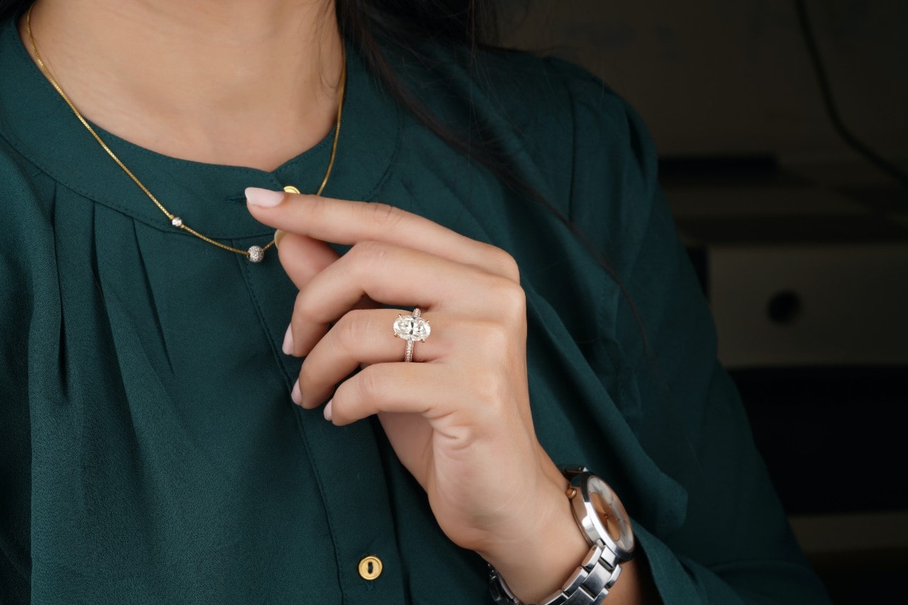 A hidden halo on an oval engagement ring